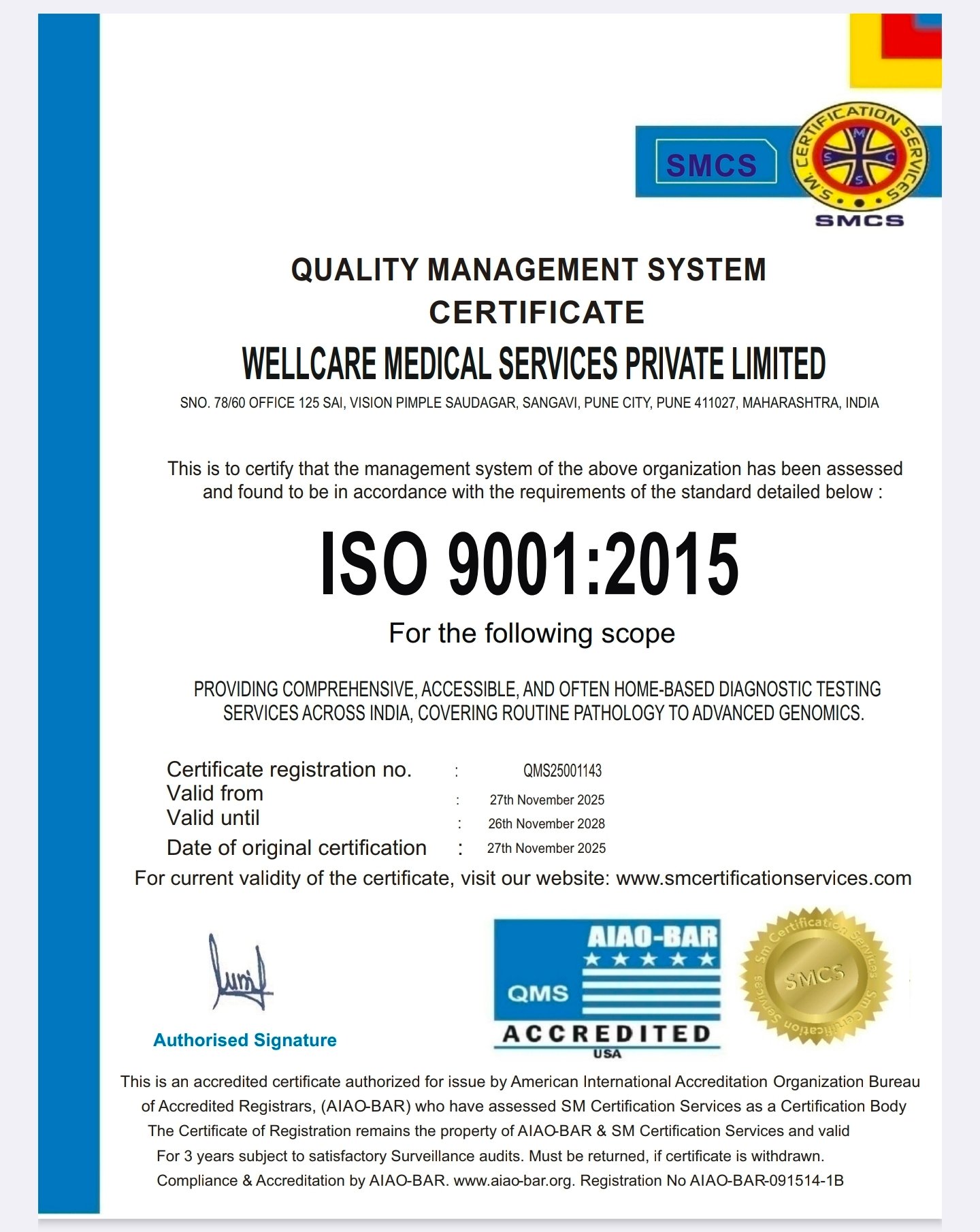 ISO 9001:2015 Certificate – Wellcare Labs